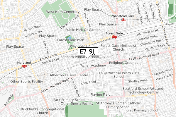 E7 9JJ map - small scale - OS Open Zoomstack (Ordnance Survey)