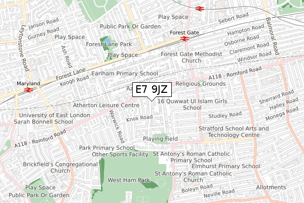 E7 9JZ map - small scale - OS Open Zoomstack (Ordnance Survey)