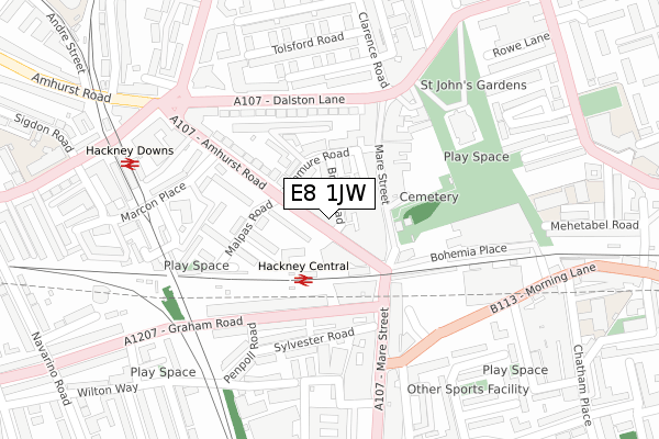 E8 1JW map - large scale - OS Open Zoomstack (Ordnance Survey)