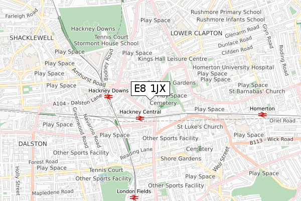 E8 1JX map - small scale - OS Open Zoomstack (Ordnance Survey)