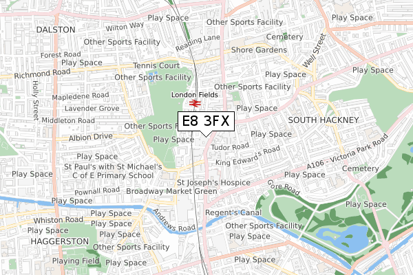 E8 3FX map - small scale - OS Open Zoomstack (Ordnance Survey)