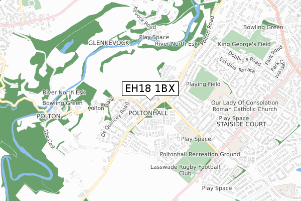 EH18 1BX map - small scale - OS Open Zoomstack (Ordnance Survey)