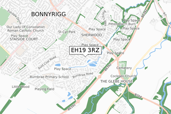 EH19 3RZ map - small scale - OS Open Zoomstack (Ordnance Survey)