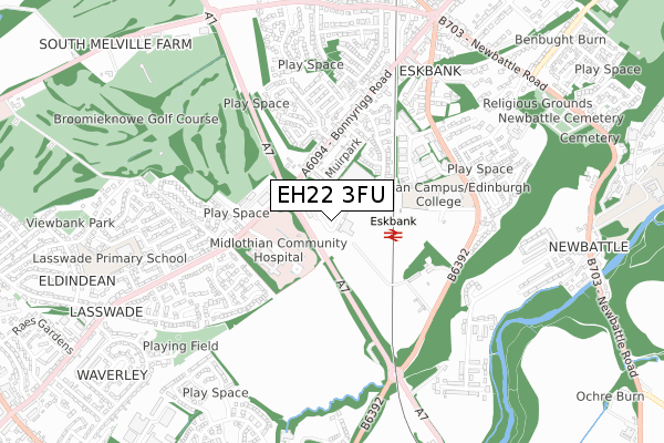 EH22 3FU map - small scale - OS Open Zoomstack (Ordnance Survey)