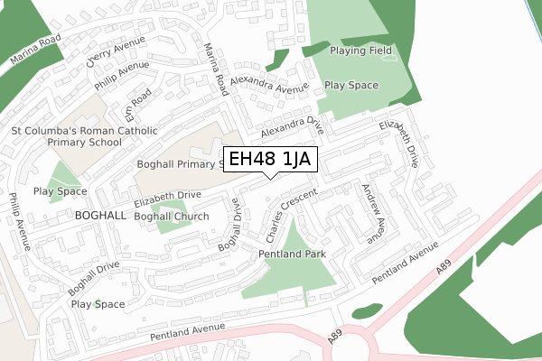 EH48 1JA map - large scale - OS Open Zoomstack (Ordnance Survey)