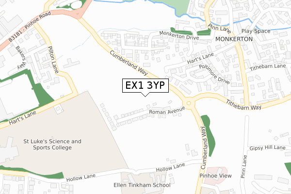 EX1 3YP map - large scale - OS Open Zoomstack (Ordnance Survey)