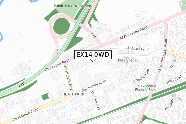 EX14 0WD map - large scale - OS Open Zoomstack (Ordnance Survey)