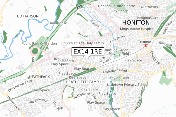 EX14 1RE map - small scale - OS Open Zoomstack (Ordnance Survey)