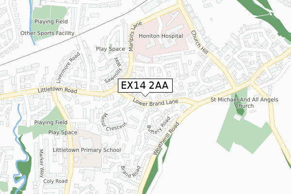 EX14 2AA map - large scale - OS Open Zoomstack (Ordnance Survey)