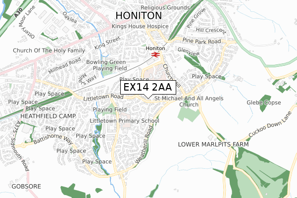 EX14 2AA map - small scale - OS Open Zoomstack (Ordnance Survey)