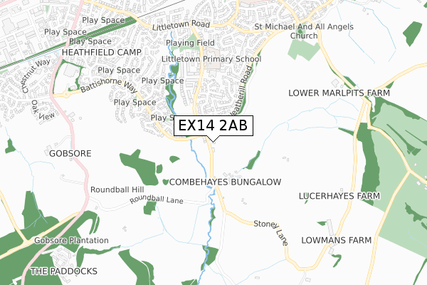 EX14 2AB map - small scale - OS Open Zoomstack (Ordnance Survey)