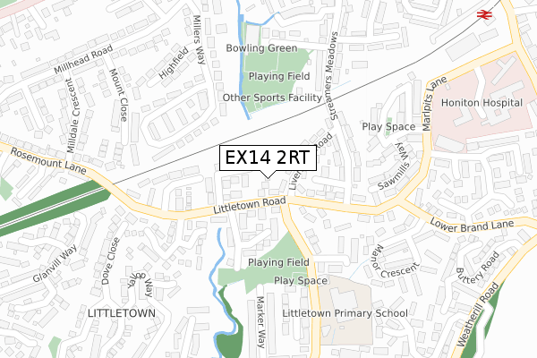 EX14 2RT map - large scale - OS Open Zoomstack (Ordnance Survey)