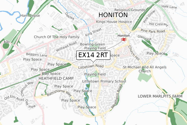 EX14 2RT map - small scale - OS Open Zoomstack (Ordnance Survey)