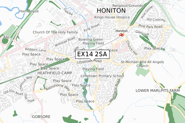 EX14 2SA map - small scale - OS Open Zoomstack (Ordnance Survey)