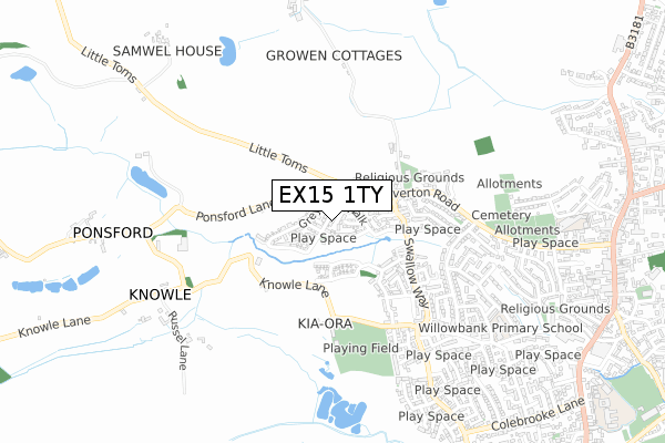 EX15 1TY map - small scale - OS Open Zoomstack (Ordnance Survey)