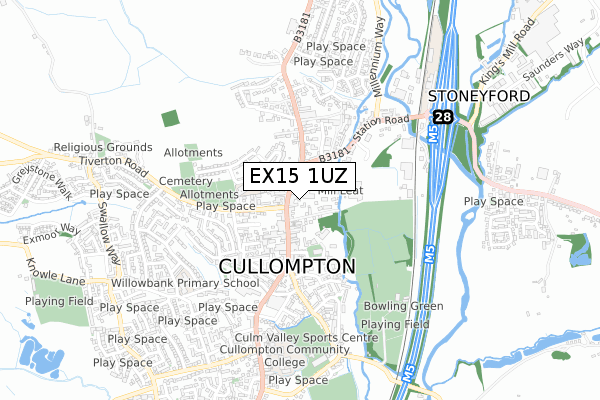 EX15 1UZ map - small scale - OS Open Zoomstack (Ordnance Survey)