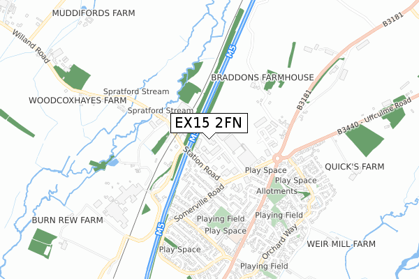 EX15 2FN map - small scale - OS Open Zoomstack (Ordnance Survey)