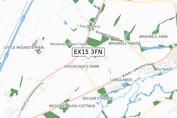 EX15 3FN map - small scale - OS Open Zoomstack (Ordnance Survey)