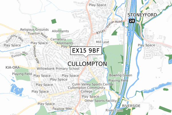 EX15 9BF map - small scale - OS Open Zoomstack (Ordnance Survey)