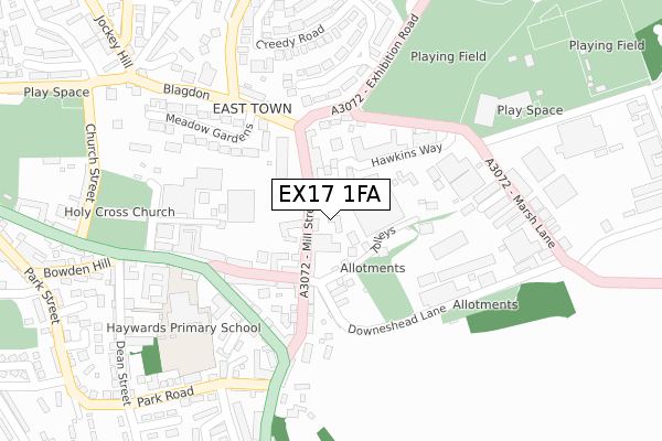 EX17 1FA map - large scale - OS Open Zoomstack (Ordnance Survey)