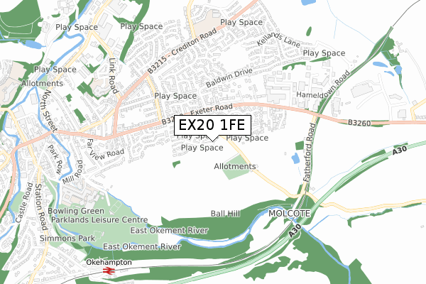 EX20 1FE map - small scale - OS Open Zoomstack (Ordnance Survey)