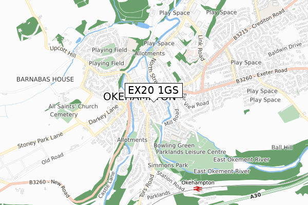 EX20 1GS map - small scale - OS Open Zoomstack (Ordnance Survey)