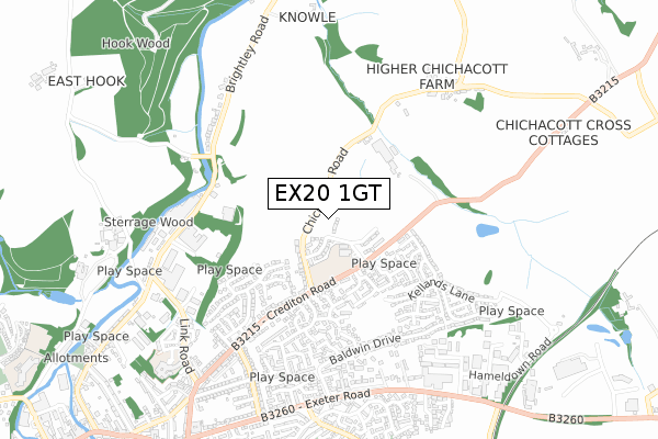 EX20 1GT map - small scale - OS Open Zoomstack (Ordnance Survey)