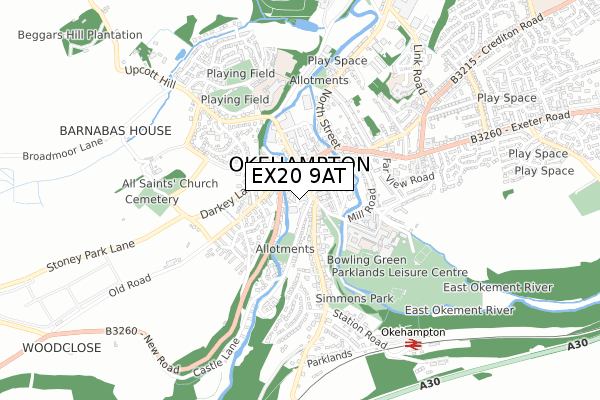 EX20 9AT map - small scale - OS Open Zoomstack (Ordnance Survey)