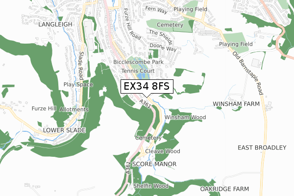 EX34 8FS map - small scale - OS Open Zoomstack (Ordnance Survey)