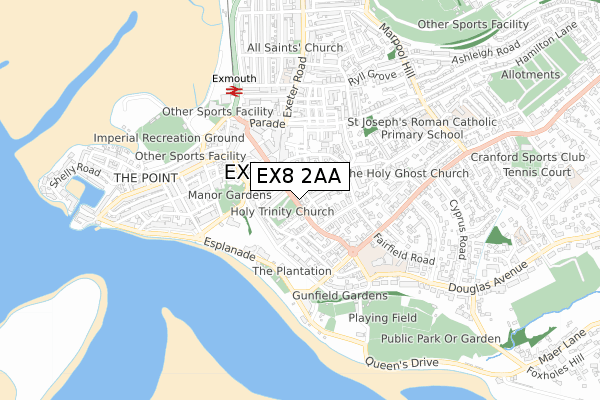 EX8 2AA map - small scale - OS Open Zoomstack (Ordnance Survey)