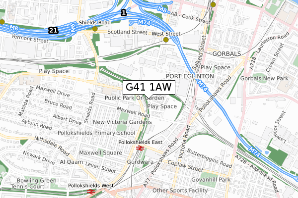 G41 1AW map - small scale - OS Open Zoomstack (Ordnance Survey)