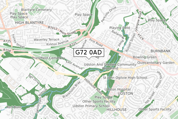 G72 0AD map - small scale - OS Open Zoomstack (Ordnance Survey)