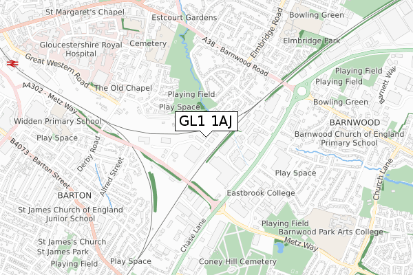 GL1 1AJ map - small scale - OS Open Zoomstack (Ordnance Survey)