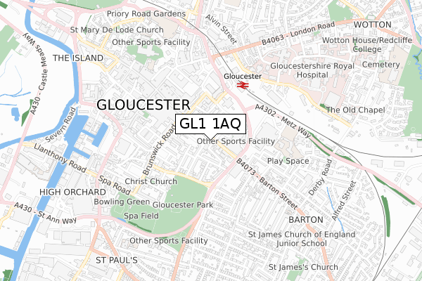 GL1 1AQ map - small scale - OS Open Zoomstack (Ordnance Survey)