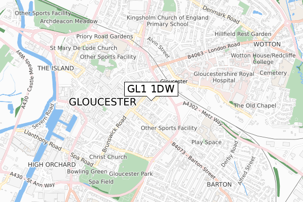 GL1 1DW map - small scale - OS Open Zoomstack (Ordnance Survey)