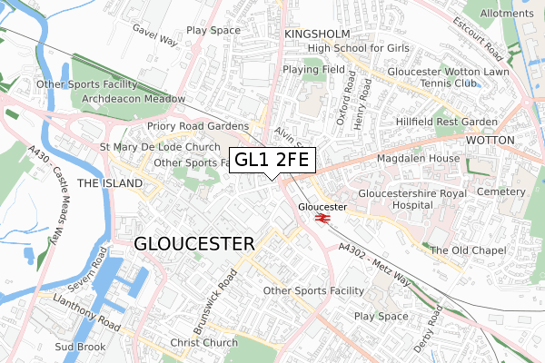 GL1 2FE map - small scale - OS Open Zoomstack (Ordnance Survey)