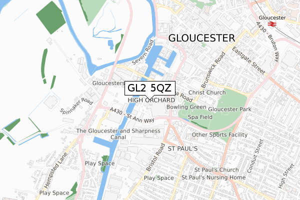 GL2 5QZ map - small scale - OS Open Zoomstack (Ordnance Survey)