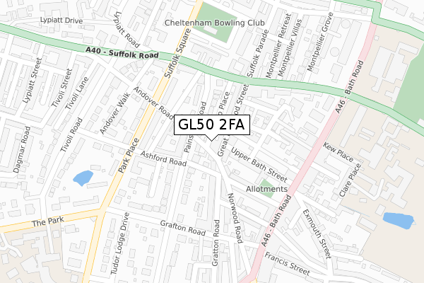 GL50 2FA map - large scale - OS Open Zoomstack (Ordnance Survey)