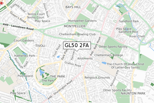 GL50 2FA map - small scale - OS Open Zoomstack (Ordnance Survey)