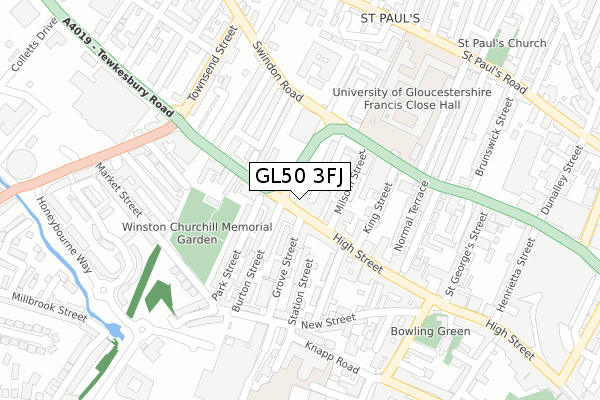 GL50 3FJ map - large scale - OS Open Zoomstack (Ordnance Survey)