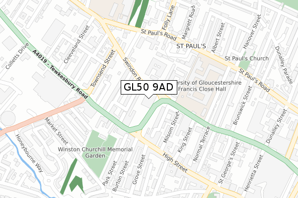 GL50 9AD map - large scale - OS Open Zoomstack (Ordnance Survey)