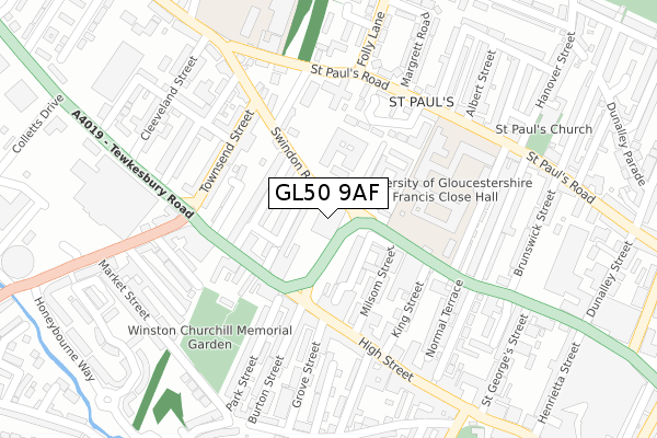 GL50 9AF map - large scale - OS Open Zoomstack (Ordnance Survey)