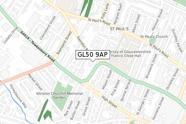 GL50 9AP map - large scale - OS Open Zoomstack (Ordnance Survey)