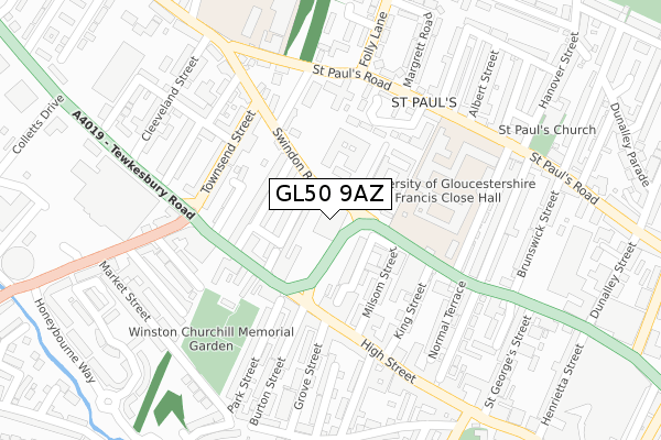 GL50 9AZ map - large scale - OS Open Zoomstack (Ordnance Survey)