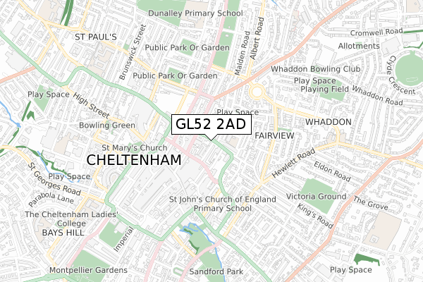 GL52 2AD map - small scale - OS Open Zoomstack (Ordnance Survey)