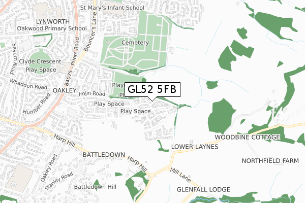 GL52 5FB map - small scale - OS Open Zoomstack (Ordnance Survey)