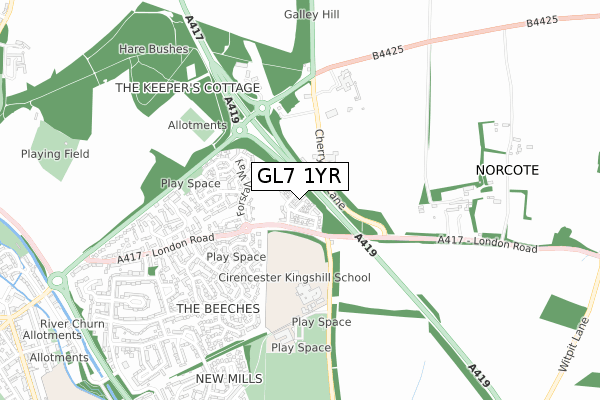 GL7 1YR map - small scale - OS Open Zoomstack (Ordnance Survey)