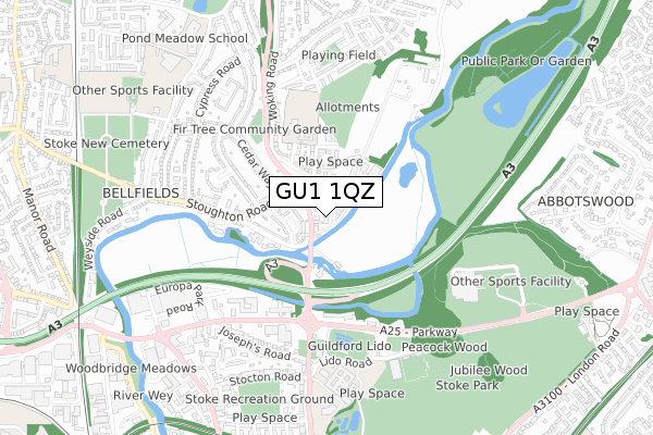 GU1 1QZ map - small scale - OS Open Zoomstack (Ordnance Survey)