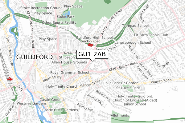 GU1 2AB map - small scale - OS Open Zoomstack (Ordnance Survey)