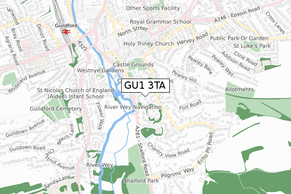 GU1 3TA map - small scale - OS Open Zoomstack (Ordnance Survey)